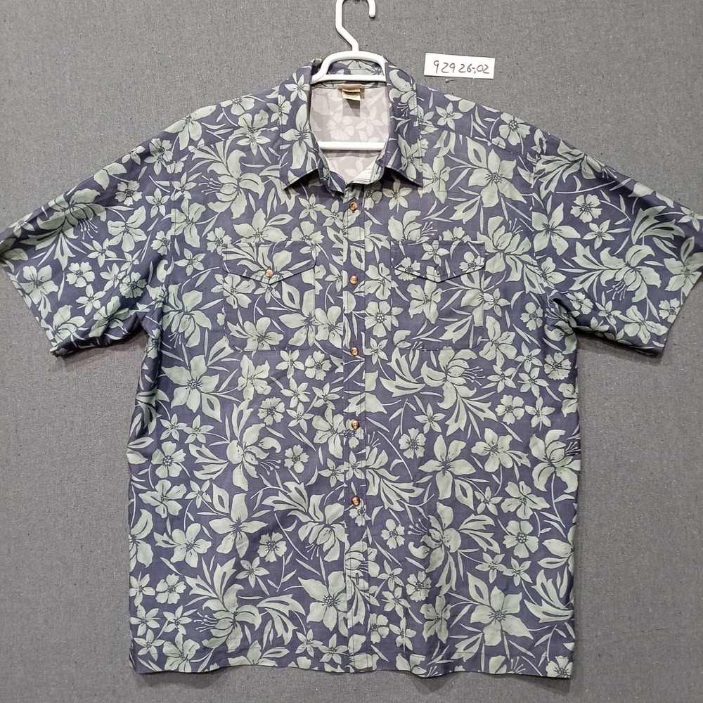 LL Bean Mens XL Tall Blue Green Floral Short Sleeve Button Up Shirt OKG88